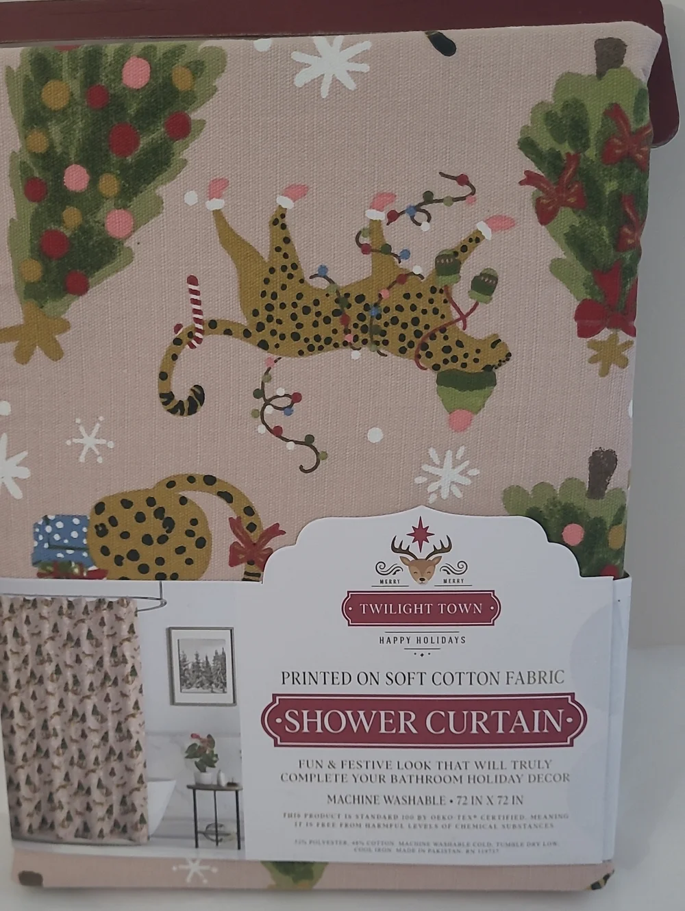 Twilight Town Holiday Leopard Shower Curtain - Rose Pink & Green
